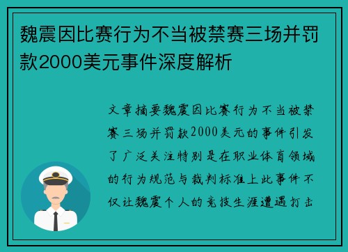 魏震因比赛行为不当被禁赛三场并罚款2000美元事件深度解析
